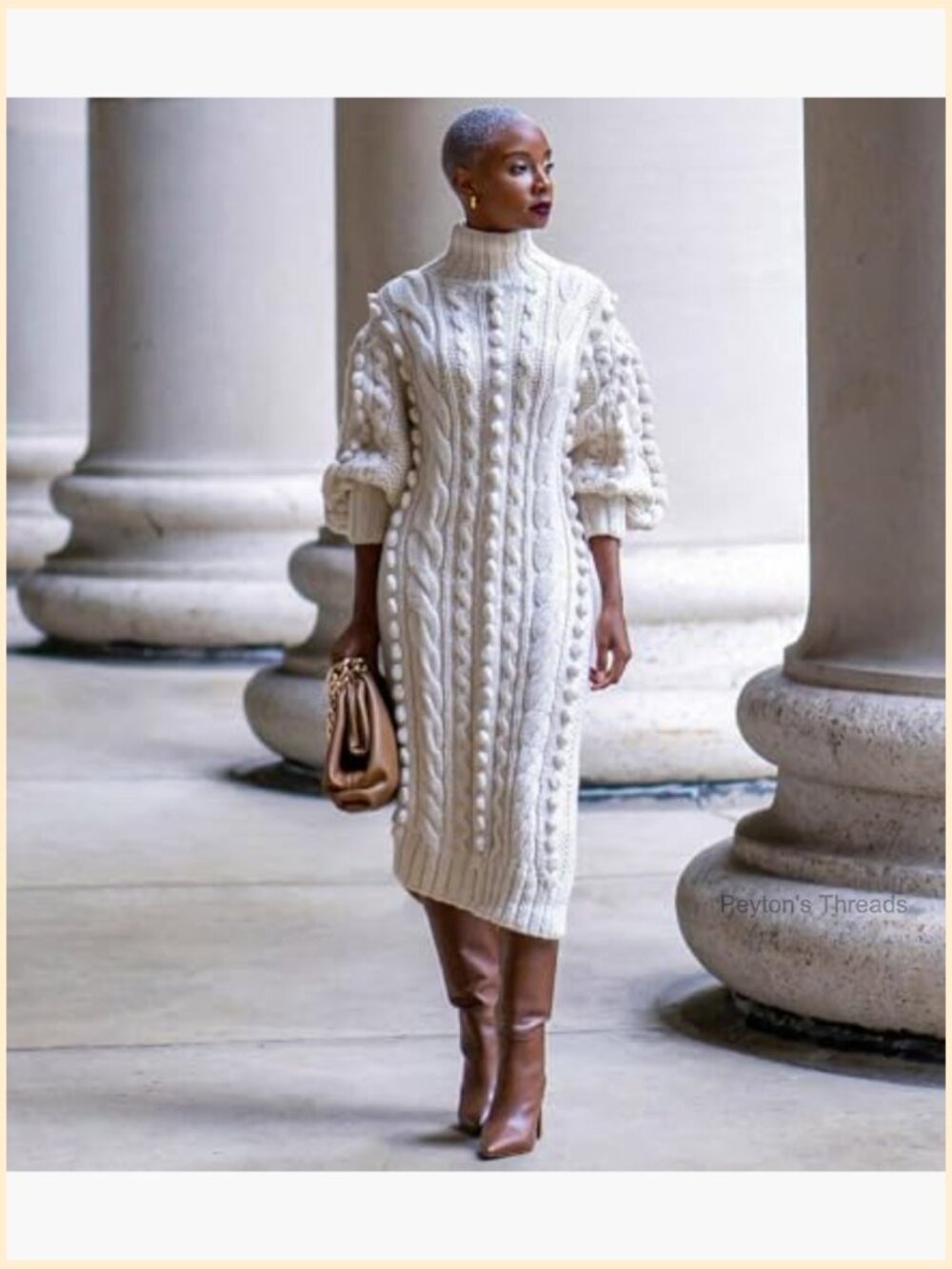 Textured Knit Puff Sleeve High Neck High Split Maxi Sweater Dress - Picture 2 of 7
